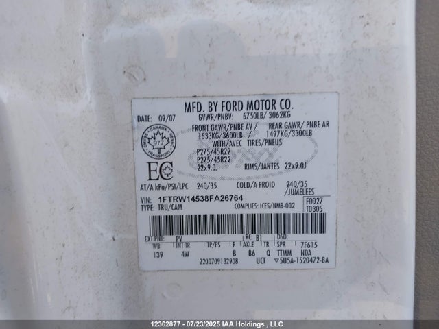 12362877 :رقم المزاد ، 1FTRW14538FA26764 vin ، 2008 Ford F-150 Harley-davidson/lariat مزاد بيع