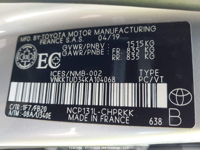 VNKKTUD34KA104068 Toyota 1nz-fe