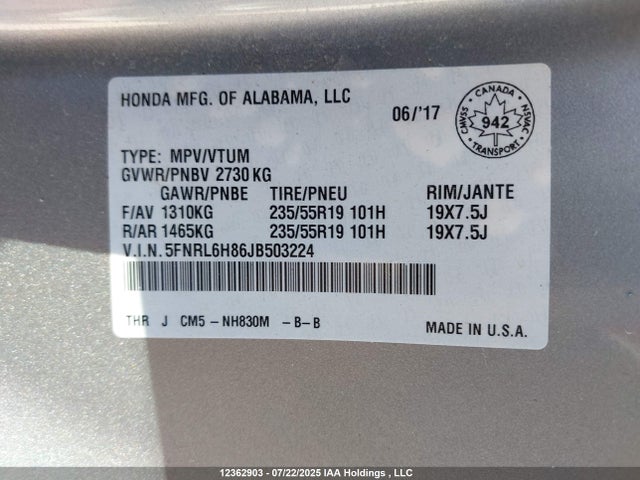 5FNRL6H86JB503224 Honda j35y7