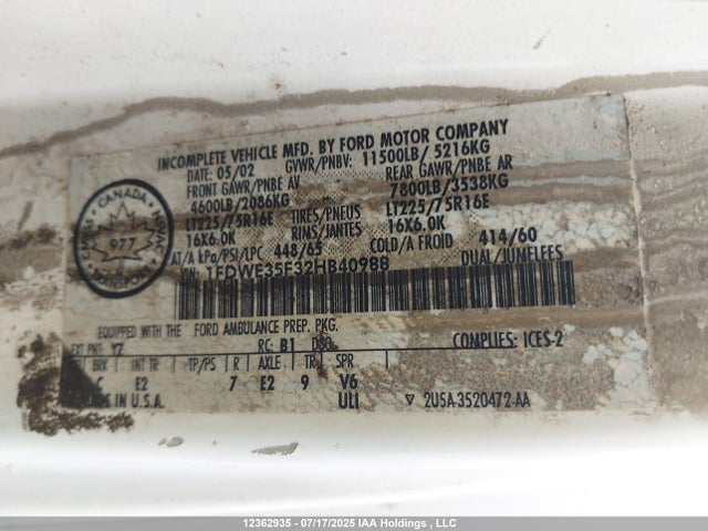 Aukcja sprzedaży 2002 Ford Econoline E350 Super Duty Ctway Van, vin: 1FDWE35F32HB40988, numer aukcji: 12362935