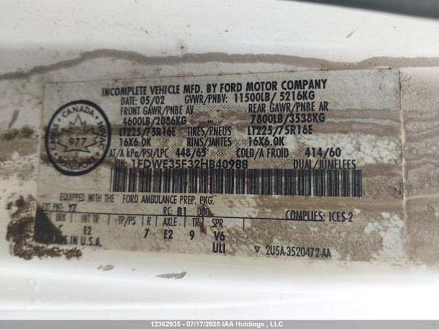 Aukcja sprzedaży 2002 Ford Econoline E350 Super Duty Ctway Van, vin: 1FDWE35F32HB40988, numer aukcji: 12362935