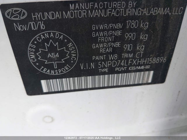 5NPD74LFXHH158896 Hyundai 2017