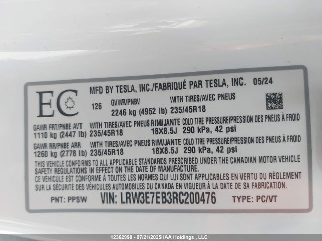 LRW3E7EB3RC200476 Tesla Model 3 Long Range