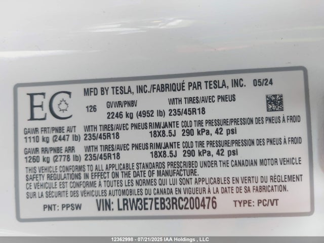 LRW3E7EB3RC200476 Tesla Model 3 Long Range