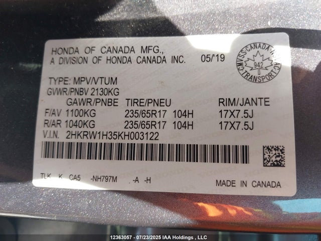 2HKRW1H35KH003122 Honda CR-V