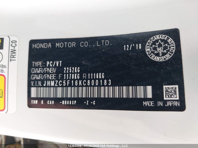 Продаж на аукціоні авто 2019 Honda Clarity Plug-in Hybrid, vin: JHMZC5F16KC800183, номер лоту: 12363086