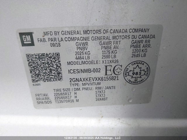 Aukcja sprzedaży 2019 Chevrolet Equinox, vin: 2GNAXKEVXK6155821, numer aukcji: 12363135