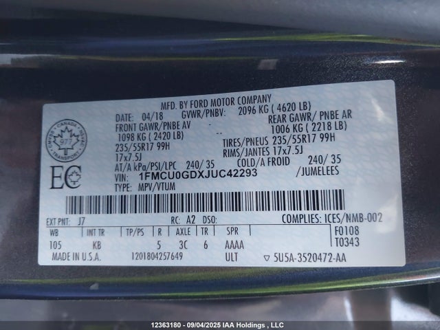 1FMCU0GDXJUC42293 Ford 1.5l gtdi sigma w/premium fuel