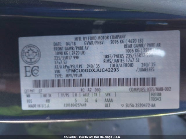 1FMCU0GDXJUC42293 Ford 1.5l gtdi sigma w/premium fuel