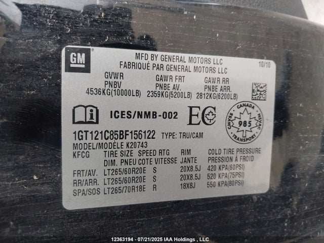 Продажа на аукционе авто 2011 Gmc Sierra 2500hd Slt, vin: 1GT121C85BF156122, номер лота: 12363194