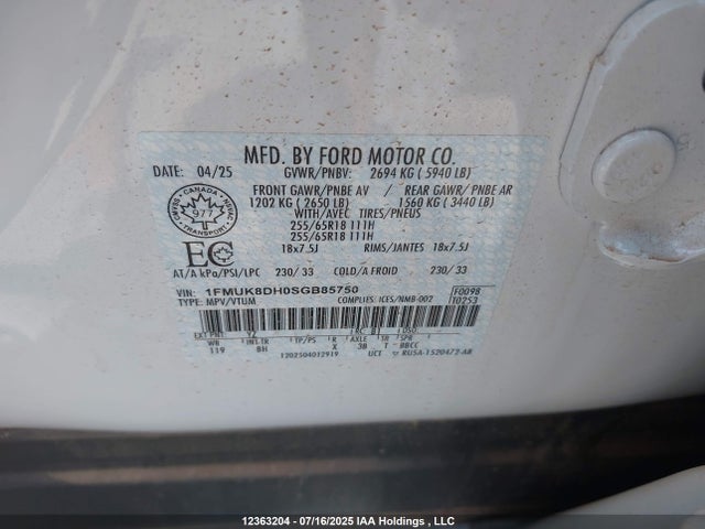 1FMUK8DH0SGB85750 Ford tivct