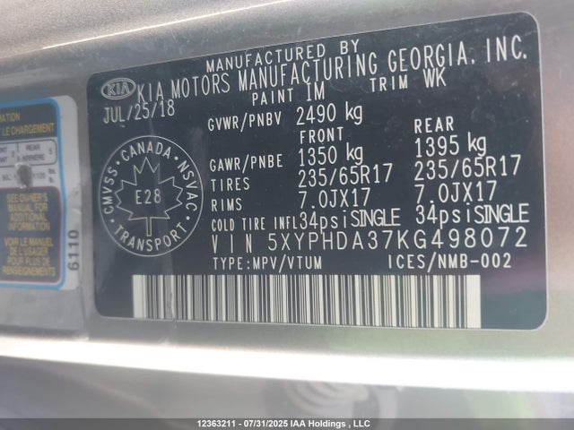 5XYPHDA37KG498072 KIA gdi theta-ii
