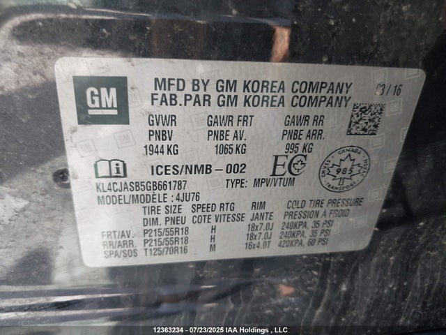 KL4CJASB5GB661787 Buick luv - vvt, alum gme e85 max