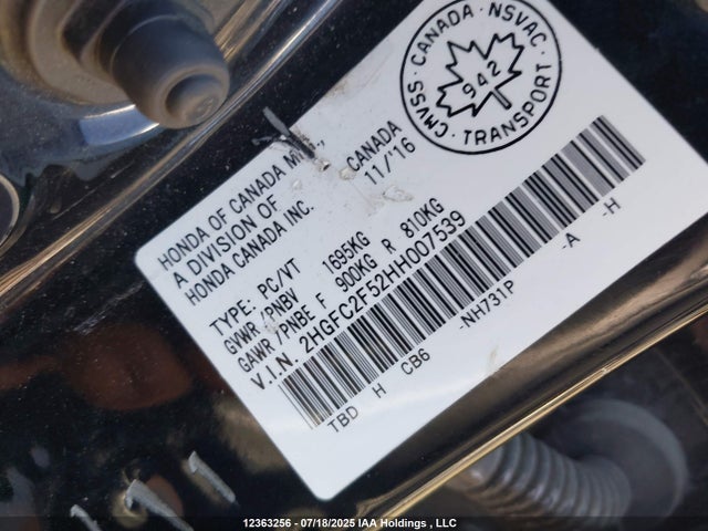 12363256 :رقم المزاد ، 2HGFC2F52HH007539 vin ، 2017 Honda Civic Lx مزاد بيع