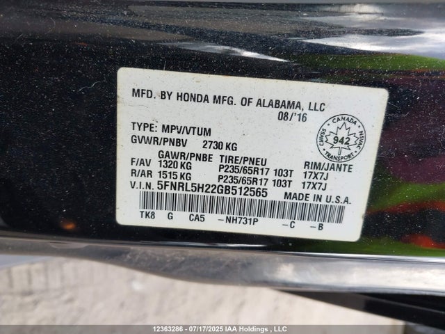 5FNRL5H22GB512565 Honda j35z8
