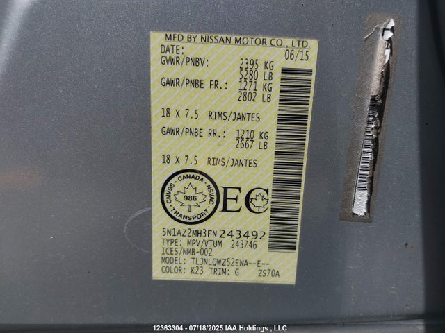 5N1AZ2MH3FN243492 Nissan 2015