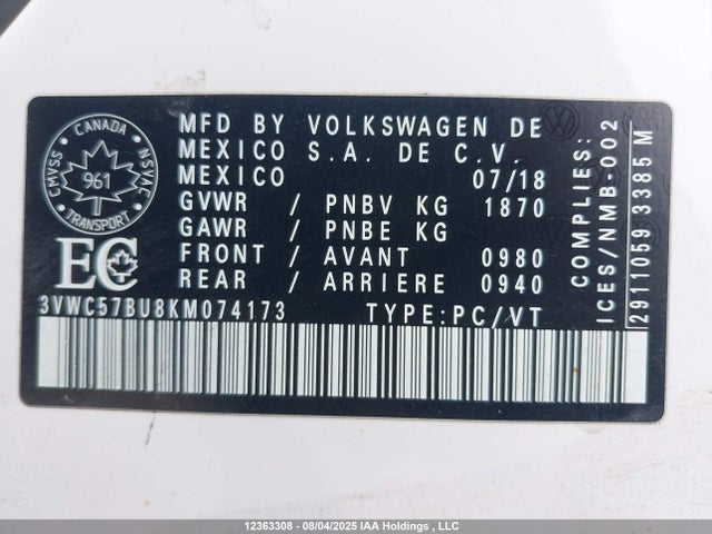 3VWC57BU8KM074173 Volkswagen 1.4 tsi