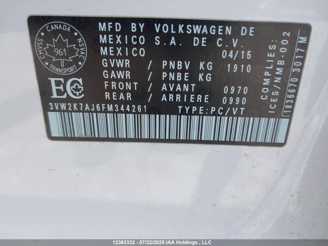 3VW2K7AJ6FM344261 Volkswagen 2015