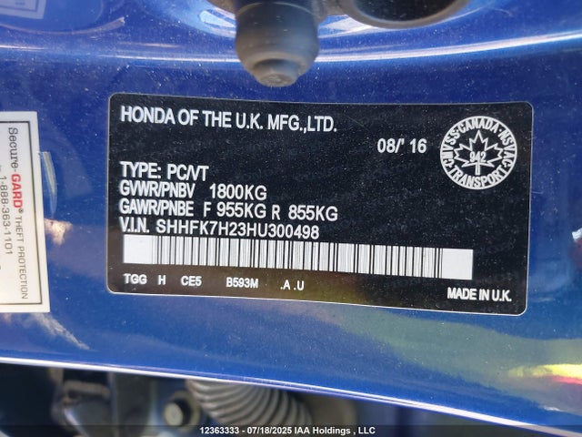 SHHFK7H23HU300498 Honda l15ba