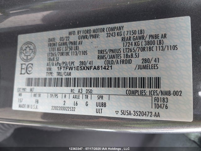 Ford 5.0l-4v 2022 1FTFW1E5XNFA81421 Image 9