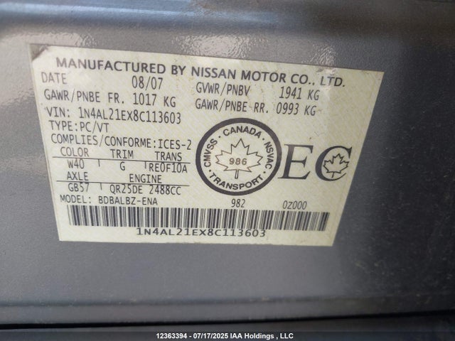 Продаж на аукціоні авто 2008 Nissan Altima 2.5/2.5s, vin: 1N4AL21EX8C113603, номер лоту: 12363394