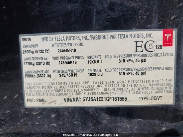 5YJSA1E21GF161555 Tesla 3 phase a/c induction (dual motor)