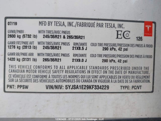 5YJSA1E29KF334229 Tesla 2019