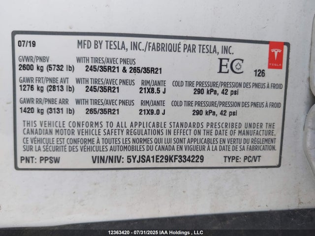 5YJSA1E29KF334229 Tesla 2019