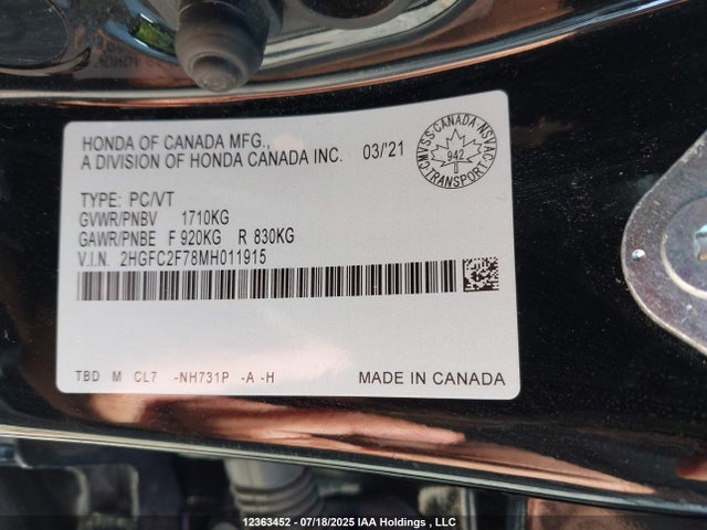 Honda l15b7 2021 2HGFC2F78MH011915 Image 9