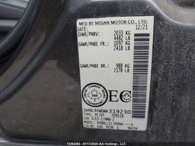 1N4BL4FW6NN319230 Nissan Altima