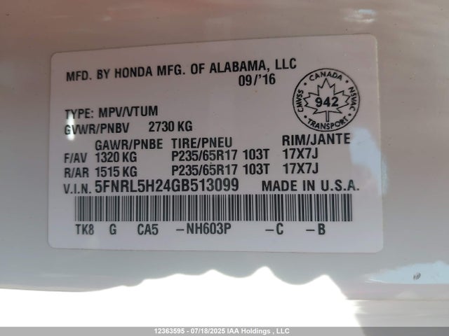Honda j35z8 2016 5FNRL5H24GB513099 Image 9