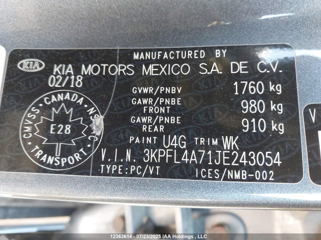 3KPFL4A71JE243054 KIA mpi nu