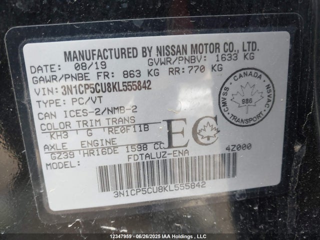 3N1CP5CU8KL555842 Nissan 2019