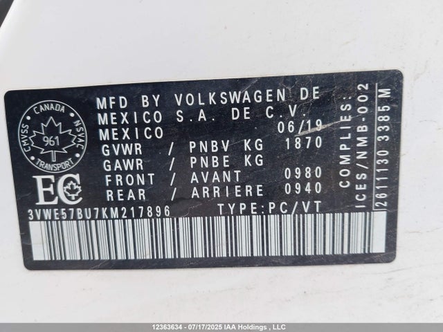3VWE57BU7KM217896 Volkswagen 1.8 tsi