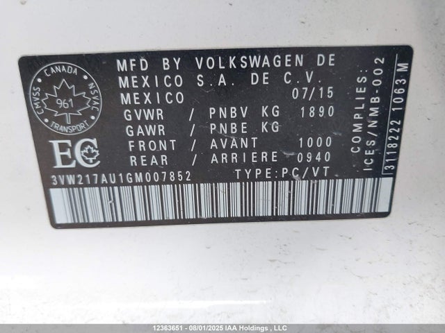 3VW217AU1GM007852 Volkswagen 1.8 tsi