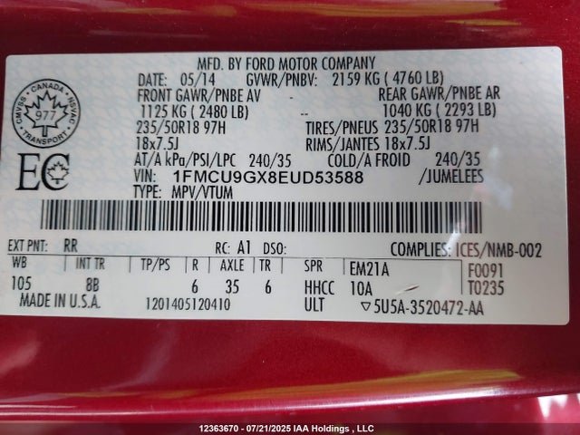 1FMCU9GX8EUD53588 Ford 2014