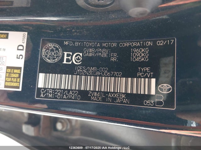 JTDZN3EU8HJ067702 Toyota 2zr-fxe, 5jm