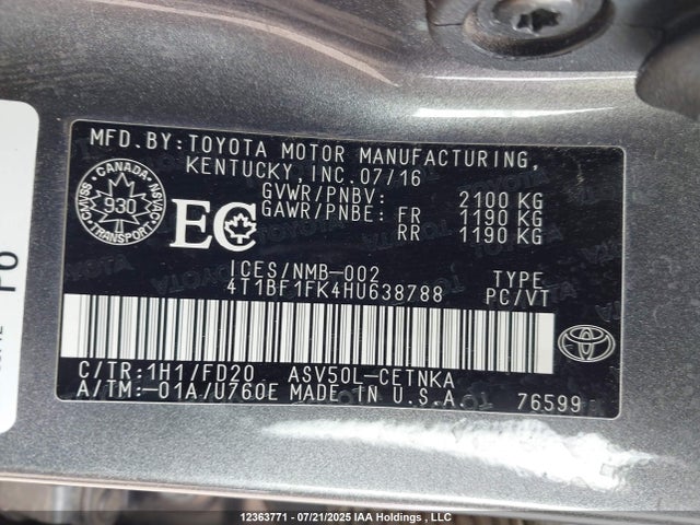 4T1BF1FK4HU638788 Toyota 2ar-fe