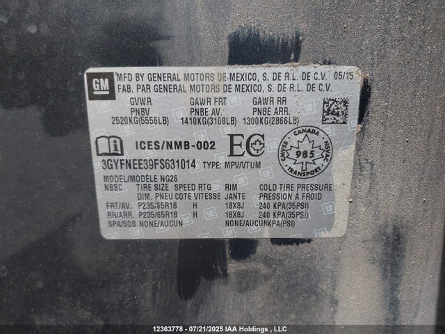 Cadillac lfx - sidi, vvt, e85 max, alum 2015 3GYFNEE39FS631014 Image 9