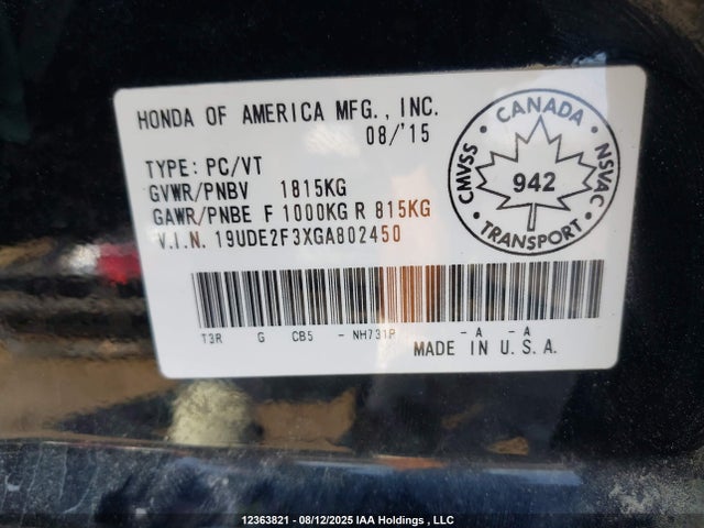 Acura k24v7 2016 19UDE2F3XGA802450 Image 9