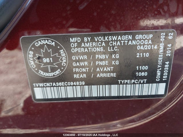 1VWCN7A36EC094839 Volkswagen Passat