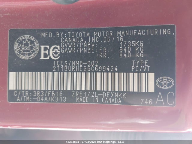 Toyota 2zr-fe 2016 2T1BURHE2GC699424 Image 19