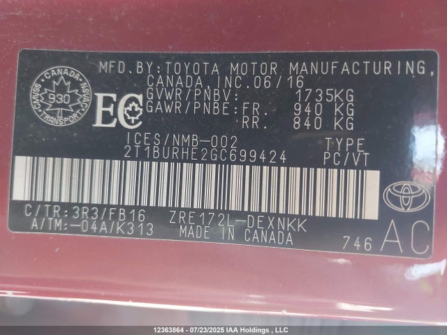 Toyota 2zr-fe 2016 2T1BURHE2GC699424 Image 9