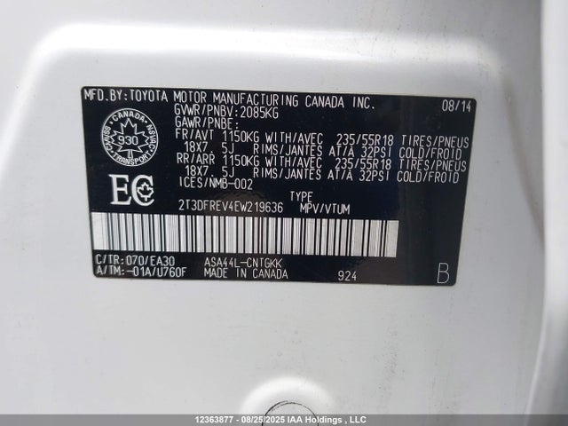 Toyota 2ar-fe 2014 2T3DFREV4EW219636 Image 9