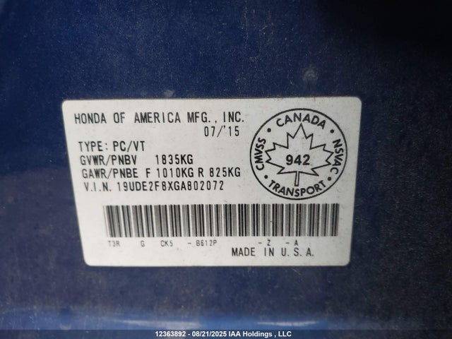 Acura k24v7 2016 19UDE2F8XGA802072 Image 9
