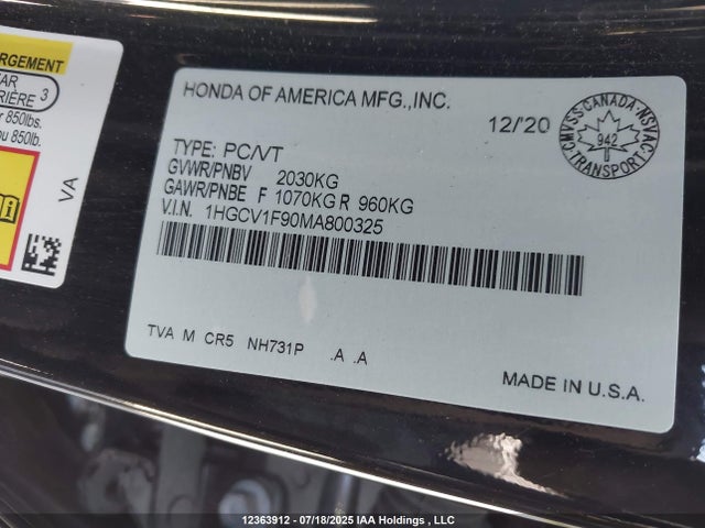1HGCV1F90MA800325 Honda 2021