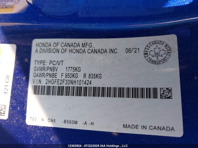 Honda 2022 2022 2HGFE2F30NH101424 Image 18