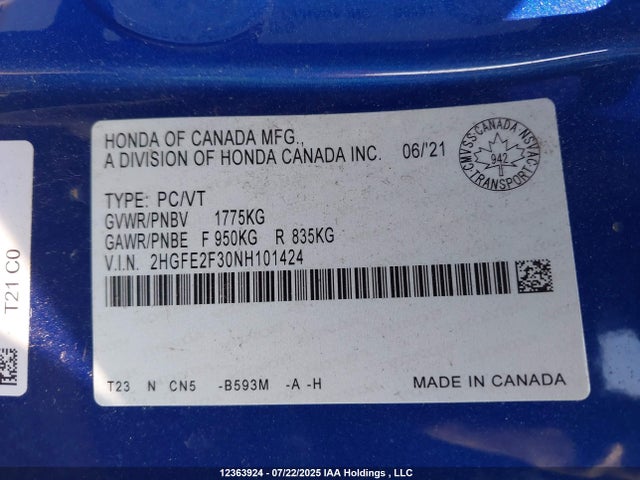 Honda 2022 2022 2HGFE2F30NH101424 Image 9