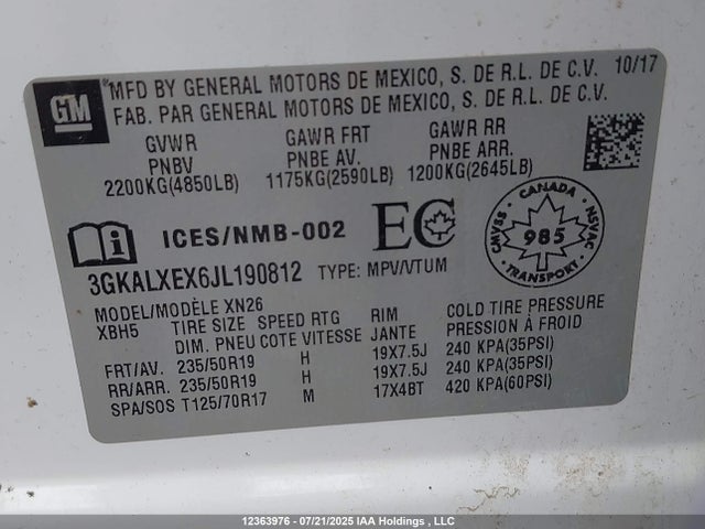 3GKALXEX6JL190812 GMC ltg - spark ignited direct injection, alum dohc, vvt, dcvcp turbo, e0-e100, alum