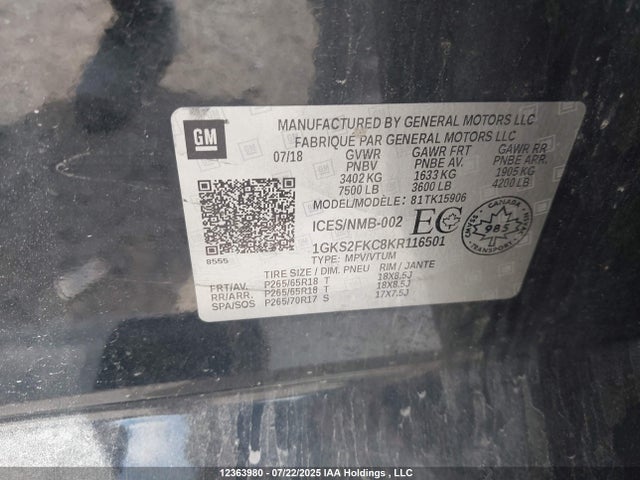 GMC l83 - spark ignited direct injection, variable valve timing, afm, e85 max, alum 2019 1GKS2FKC8KR116501 Image 9